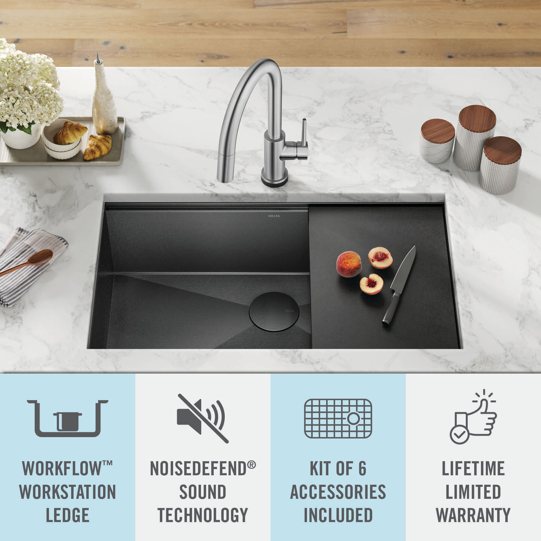Lavabo de cocina tipo estación de trabajo con un receptáculo calibre 16 de 32" de montaje bajo encimera, con reborde WorkFlow™ y accesorios, imagen 18